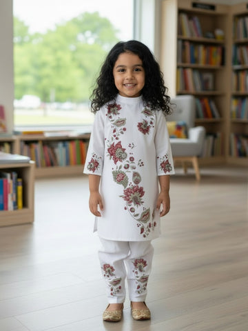 [DGKS-MGSP-B] Girls White Ethnic Motifs Printed Cotton Kurti Set