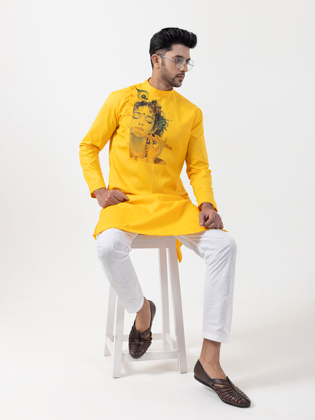 Men’s Yellow Cotton Kurta Pyjama with Lord Krishna Print