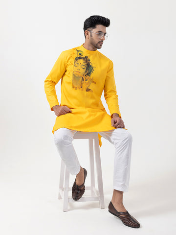 Men’s Yellow Cotton Kurta Pyjama with Lord Krishna Print