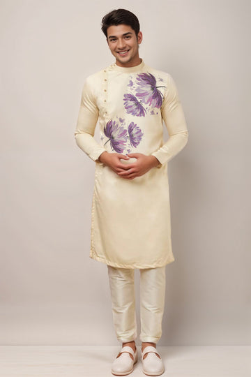 Floral Printed Thread Work Mandarin Collar Side Placket Cotton Straight Kurta With Pyjama Set