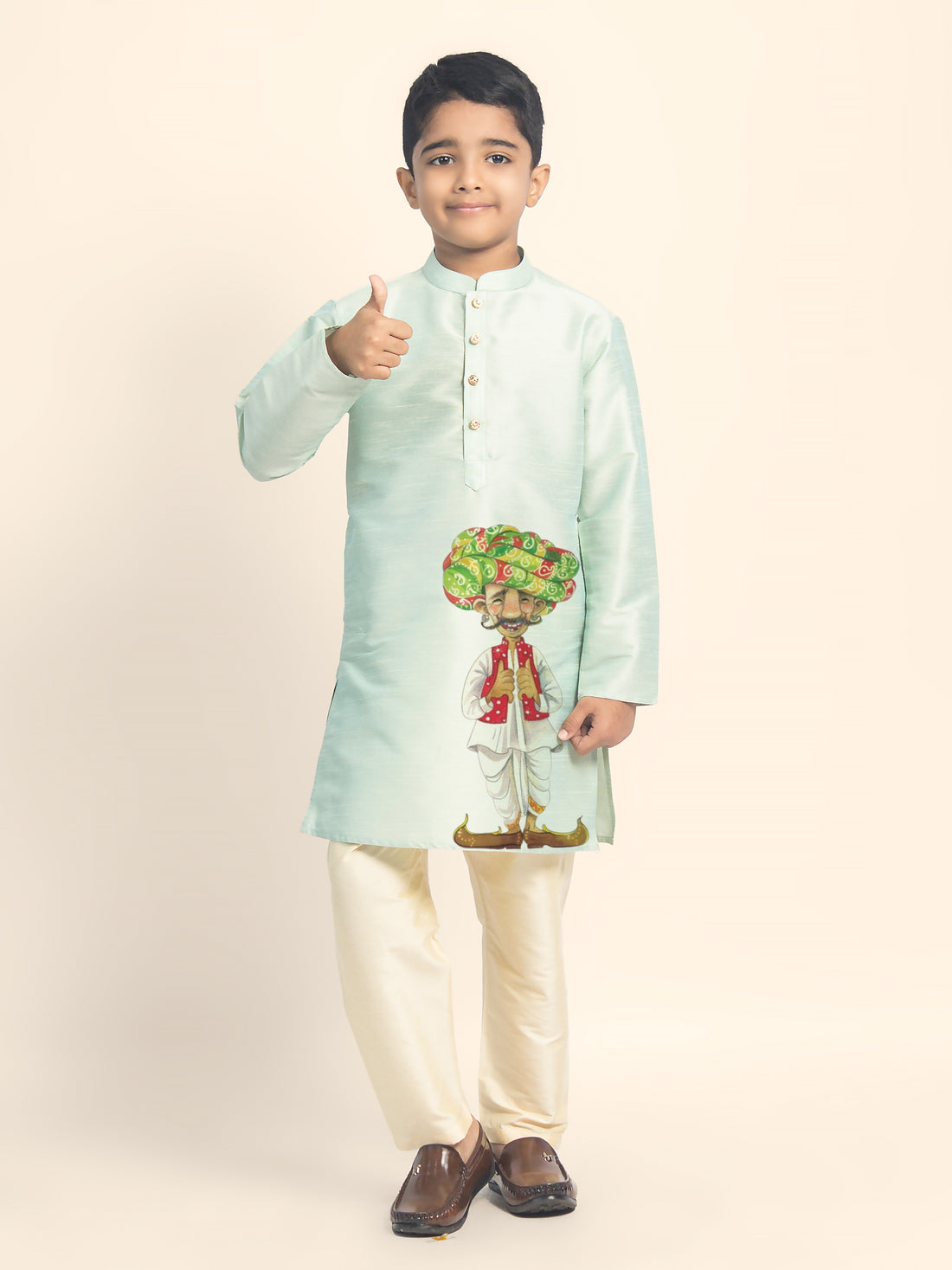 Boys Green Printed Kurta with Beige Pyjama Set