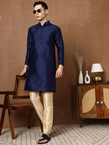 [J] Men's Navy Blue Self Design Embroidered Jacquard Kurta Set
