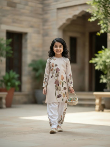 [DGKS-MGSP-RN] Girls Beige Ethnic Motifs Printed Cotton Kurti Set