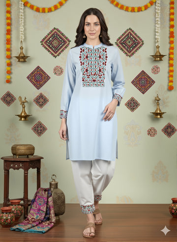 [DWKS-MGSP] Women Sky Blue Ethnic Motifs Printed Cotton Kurti Set