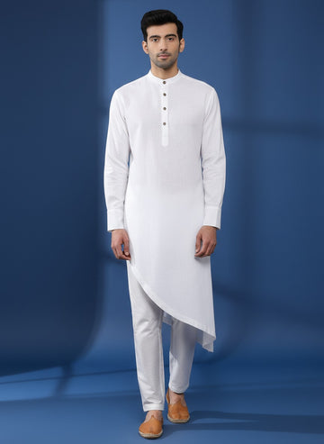 Men's White Silk Kurta Set – Solid & Side Placket