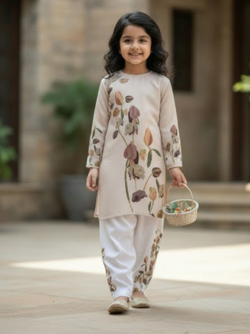 [DGKS-MGSP-RN] Girls Beige Ethnic Motifs Printed Cotton Kurti Set