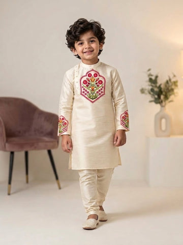 Boy's Off-White Art Silk Kurta Pyjama Set – Ethnic Print & Side Placket