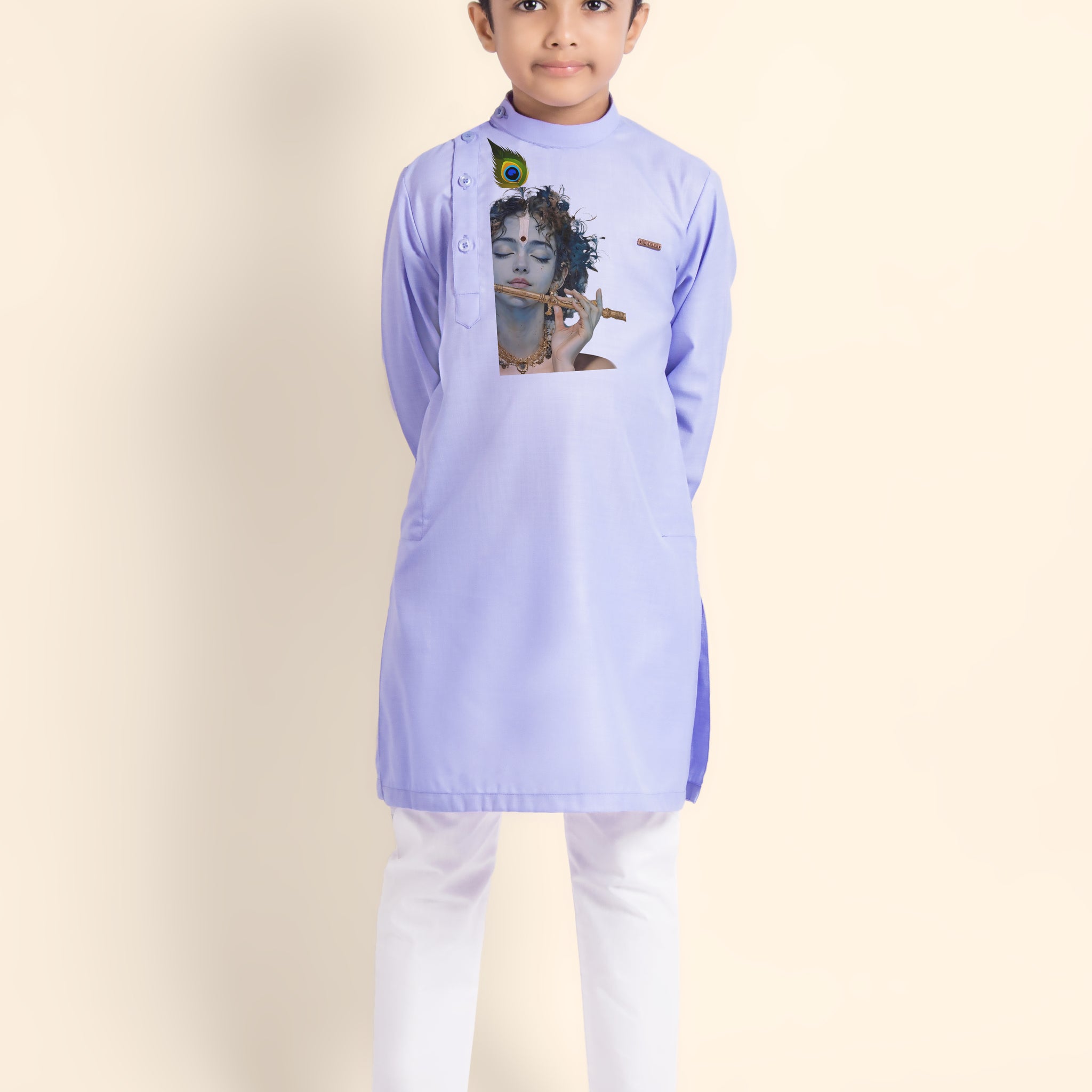 Boys Lavender Cotton Kurta Pyjama with Lord Krishna Print