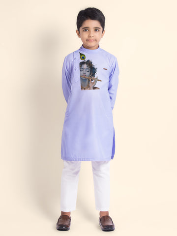 Boys Lavender Cotton Kurta Pyjama with Lord Krishna Print