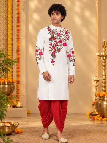 Men's White Cotton Kurta with Dhoti Set – Ethnic Print & Side Placket