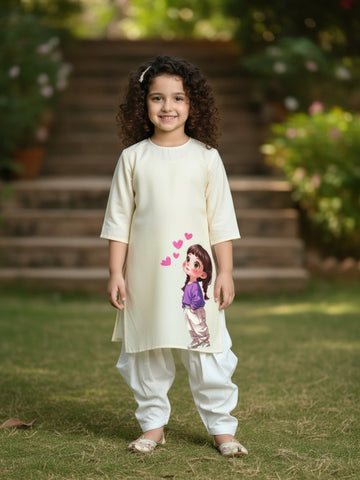 [DGKS-MGSP-RN] Girls Beige Ethnic Motifs Printed Cotton Kurti Set