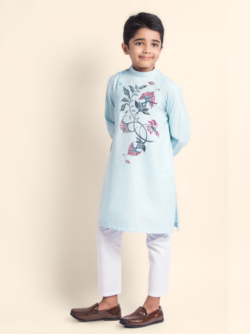 Boys Sky Blue Printed Kurta With Pyjama Set