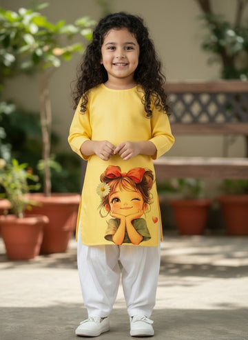 [DGKS-MGSP-RN] Girls Yellow Ethnic Motifs Printed Cotton Kurti Set