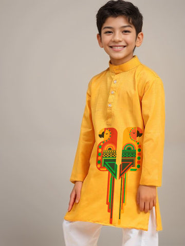 Boys Yellow Printed Kurta with Pyjama Set
