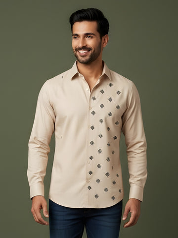 [DS-MGSP] Men's Beige Ethnic Printed Cotton Shirt
