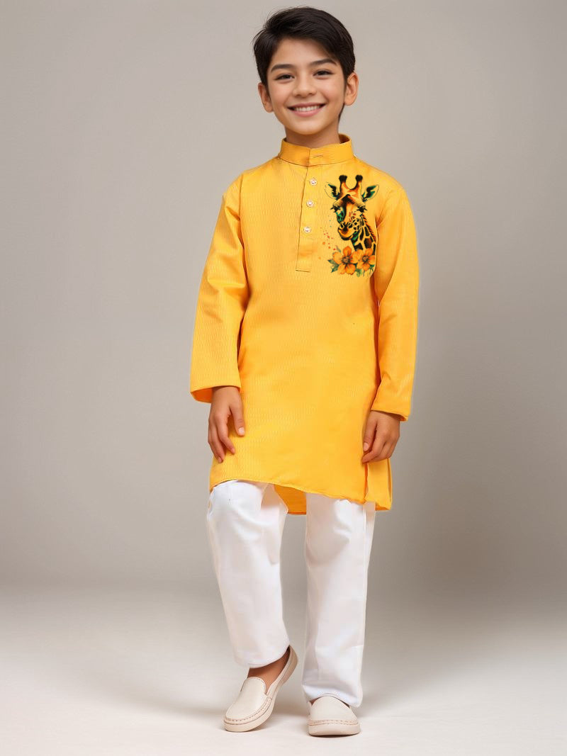Boys Yellow Printed Kurta with Pyjama Set