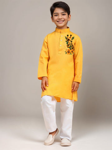 Boys Yellow Printed Kurta with Pyjama Set