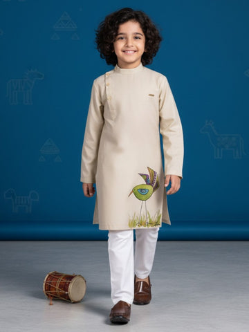 [DBKS-MGSP-B] Boy's Beige Ethnic motifs Print cotton kurta Set