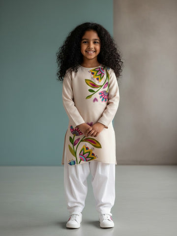 [DGKS-MGSP-RN] Girls Beige Ethnic Motifs Printed Cotton Kurti Set