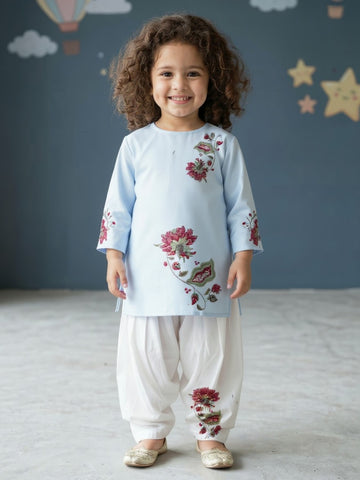 [DGKS-MGSP-RN] Girls Sky Blue Ethnic Motifs Printed Cotton Kurti Set