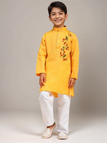 Boys Yellow Printed Kurta with Pyjama Set