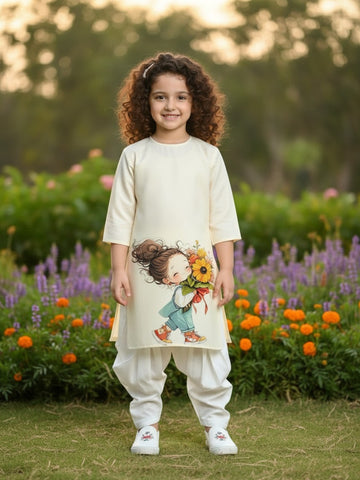 [DGKS-MGSP-RN] Girls Beige Ethnic Motifs Printed Cotton Kurti Set