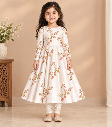 Girls' Off-White Art Silk Kurti and Churidar Pant Set – Printed