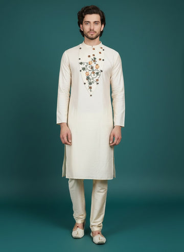 Men's Beige Silk Kurta Set – Ethnic Print & Side Placket
