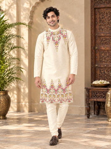 Men's Off-White Art Silk Kurta Pyjama Set – Ethnic Print & Side Placket