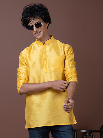 [DPS] Men's Yellow Solid Art Silk Short Kurta