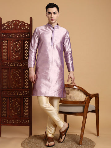 [J] Men's Lavender Self Design Embroidered Jacquard Kurta Set