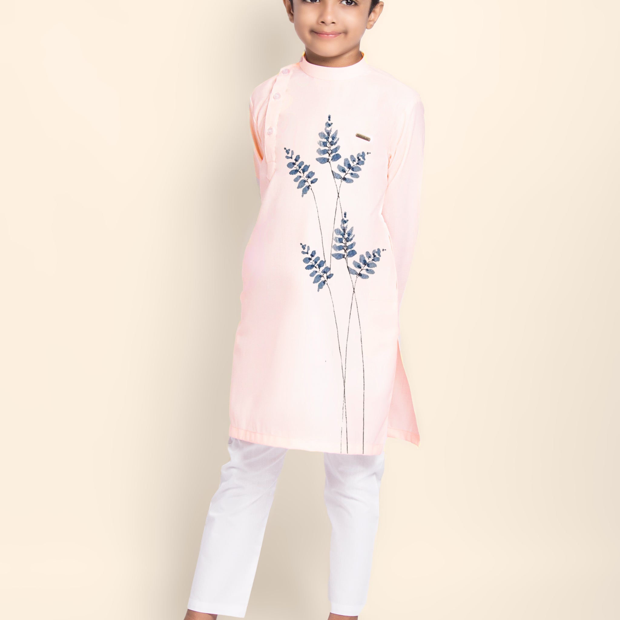 Boys Pink Printed Kurta With Pyjama