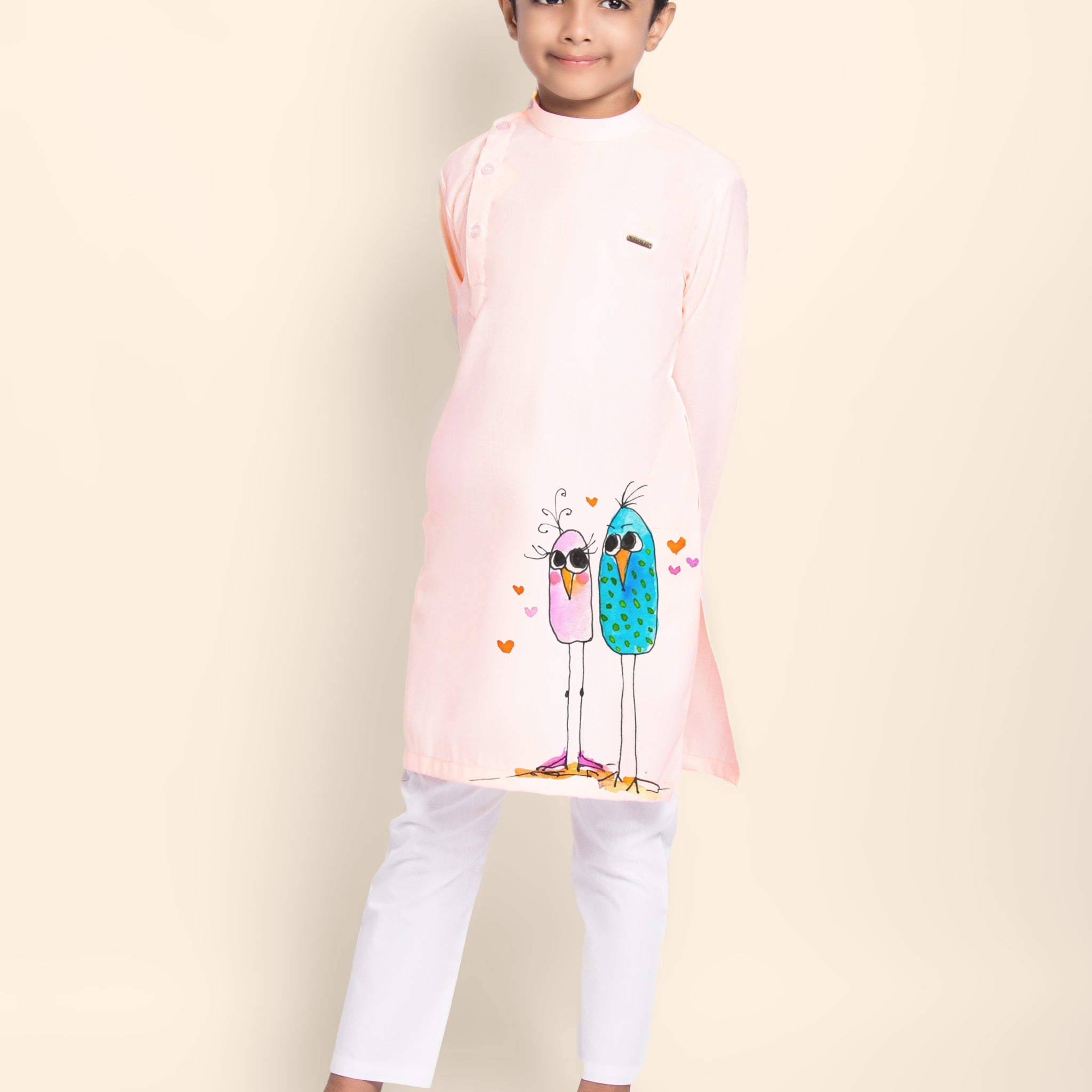Boys Pink Printed Kurta With Pyjama