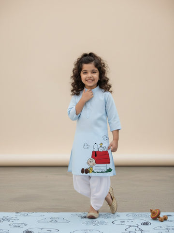 Girls' Sky Blue Cotton Kurti Set – Ethnic Print