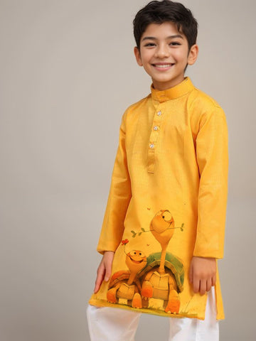 Boys Yellow Printed Kurta with Pyjama Set