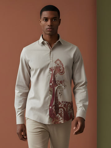 [DS-MGSP] Men's Beige Ethnic Printed Cotton Shirt