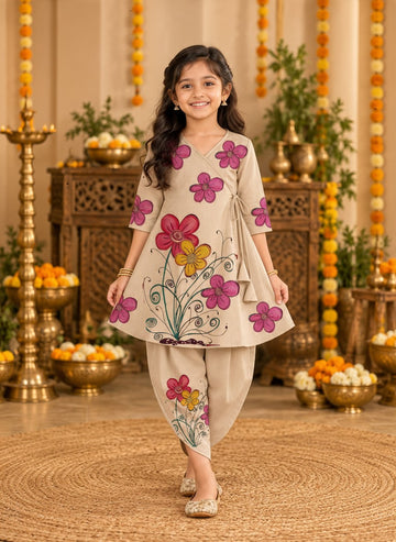 Girls' Beige Cotton Kurti with Tulip pant Set – Printed