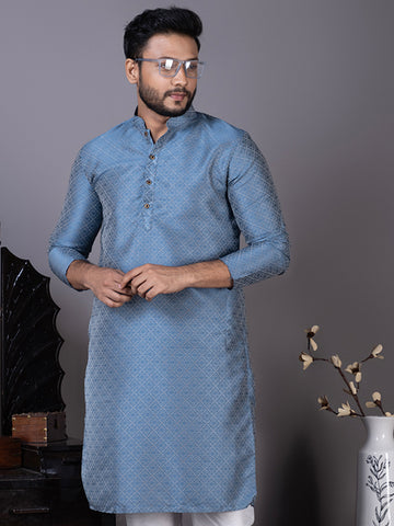 Geometric Woven Design Mandarin Collar Straight Kurta with Pyjama