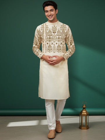 [MGSP-B] Men's Beige Ethnic Print Side Placket Cotton Kurta Set