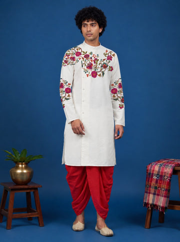 Men's White Cotton Kurta with Dhoti Set – Ethnic Print & Side Placket
