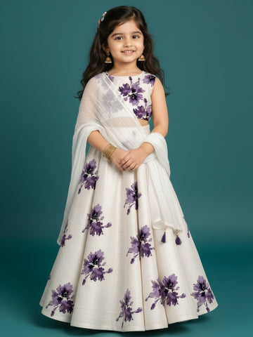 Girls' Off-White Art Silk Lehenga Set – Printed