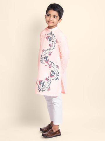 Boys Pink Cotton Kurta Pyjama with Print