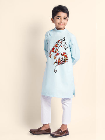 Boys Sky Blue Printed Kurta With Pyjama Set