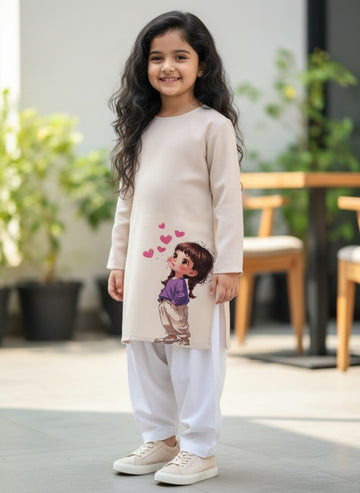 [DGKS-MGSP-RN] Girls Beige Ethnic Motifs Printed Cotton Kurti Set