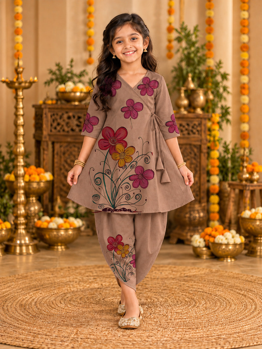 Girls' Brown Cotton Kurti with Tulip pant Set – Printed