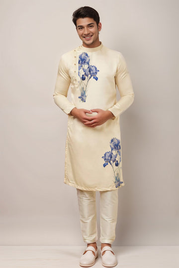 Floral Printed Thread Work Mandarin Collar Side Placket Cotton Straight Kurta With Pyjama Set