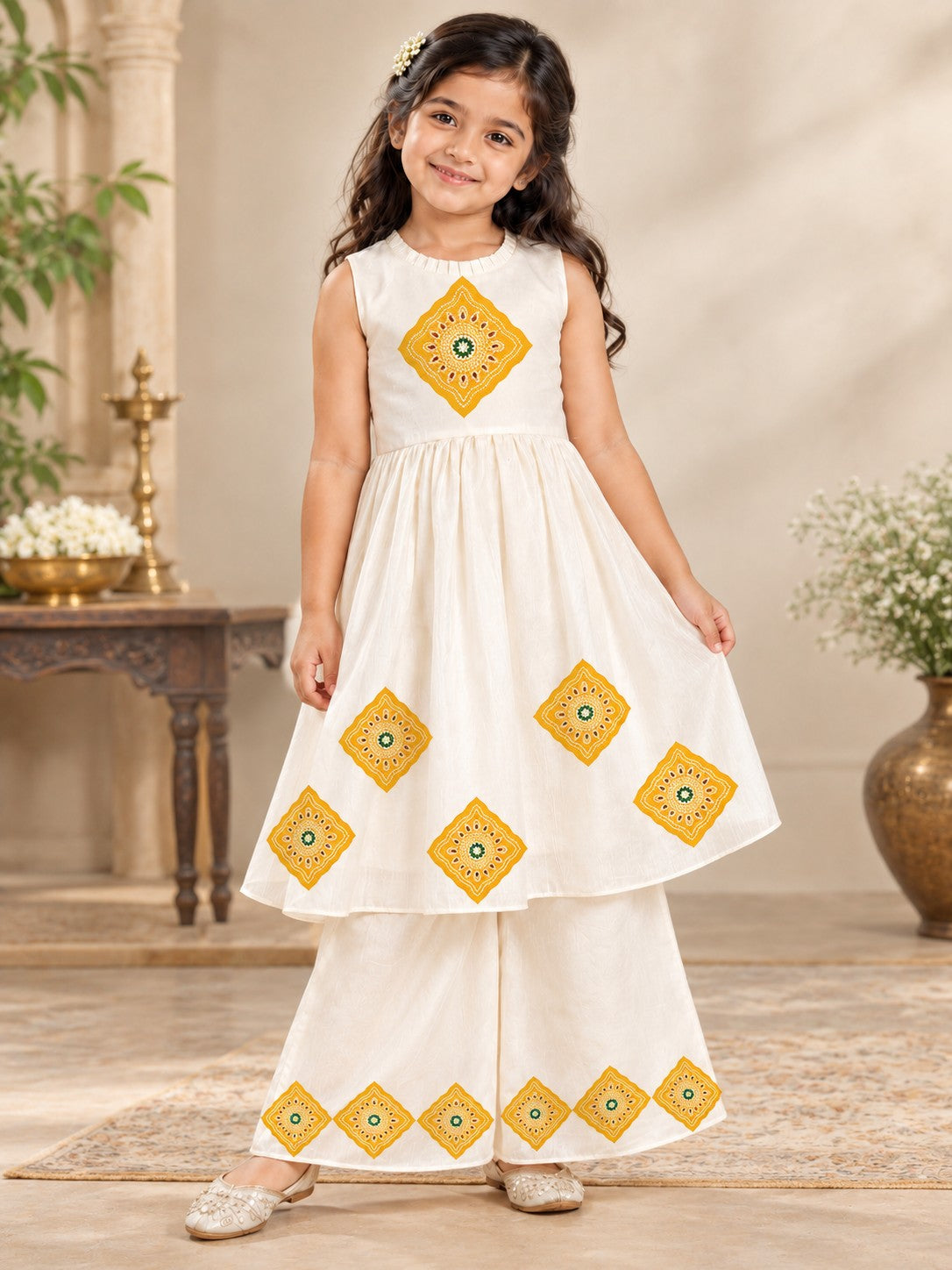 Girls' Off-White Art Silk Kurti Palazzo Set – Printed