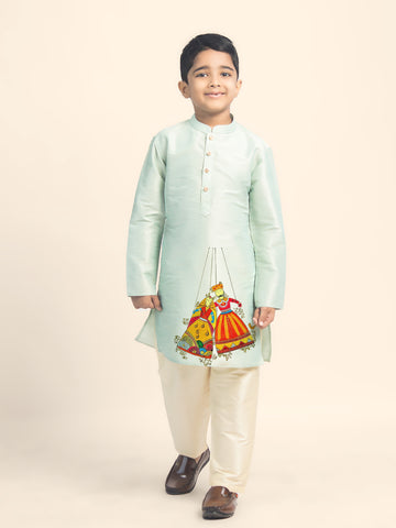 Boys Green Printed Kurta with Beige Pyjama Set