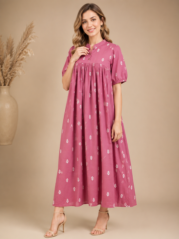 Women's Mauve Cotton Fashion Dress – Printed & Short Sleeves