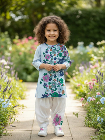 [DGKS-MGSP-RN] Girls Sky Blue Ethnic Motifs Printed Cotton Kurti Set